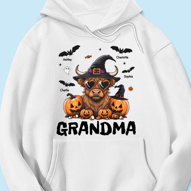 Grandma Halloween Highland Cow & Bats Kids Personalized Shirt, Gift For Grandma