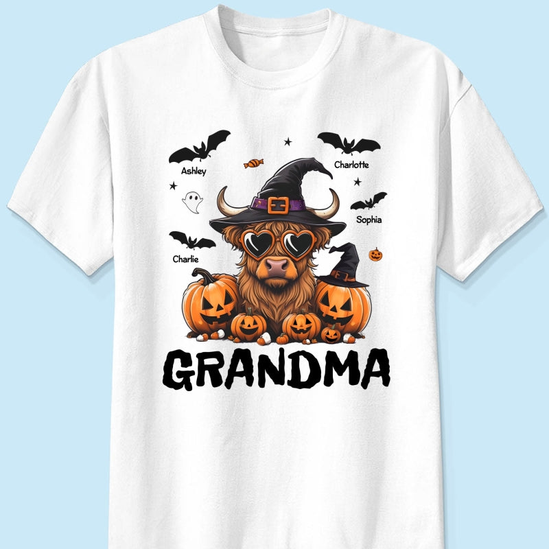 Grandma Halloween Highland Cow & Bats Kids Personalized Shirt, Gift For Grandma