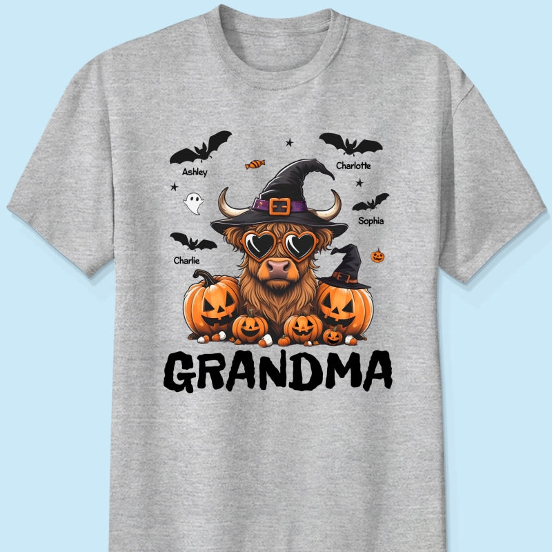Grandma Halloween Highland Cow & Bats Kids Personalized Shirt, Gift For Grandma