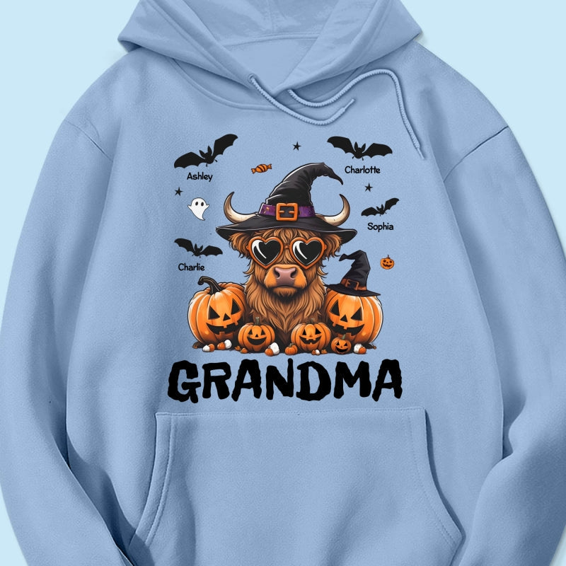 Grandma Halloween Highland Cow & Bats Kids Personalized Shirt, Gift For Grandma