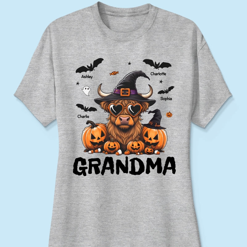Grandma Halloween Highland Cow & Bats Kids Personalized Shirt, Gift For Grandma