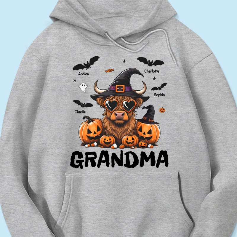 Grandma Halloween Highland Cow & Bats Kids Personalized Shirt, Gift For Grandma