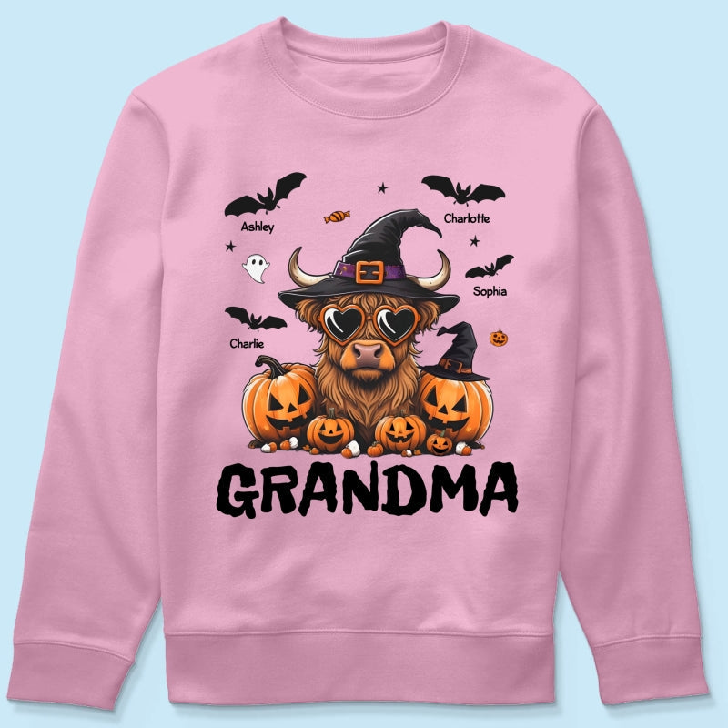 Grandma Halloween Highland Cow & Bats Kids Personalized Shirt, Gift For Grandma