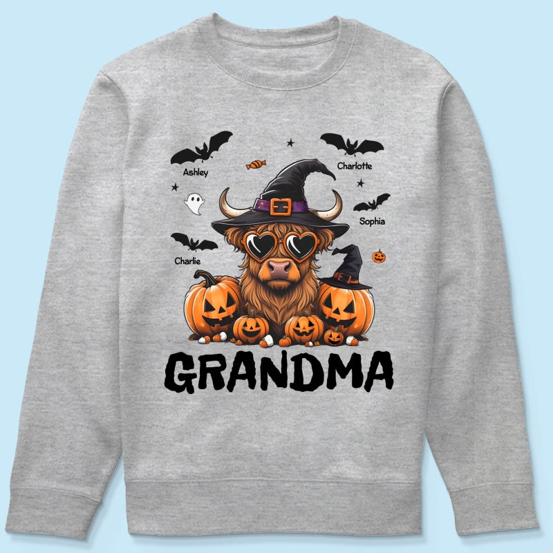 Grandma Halloween Highland Cow & Bats Kids Personalized Shirt, Gift For Grandma