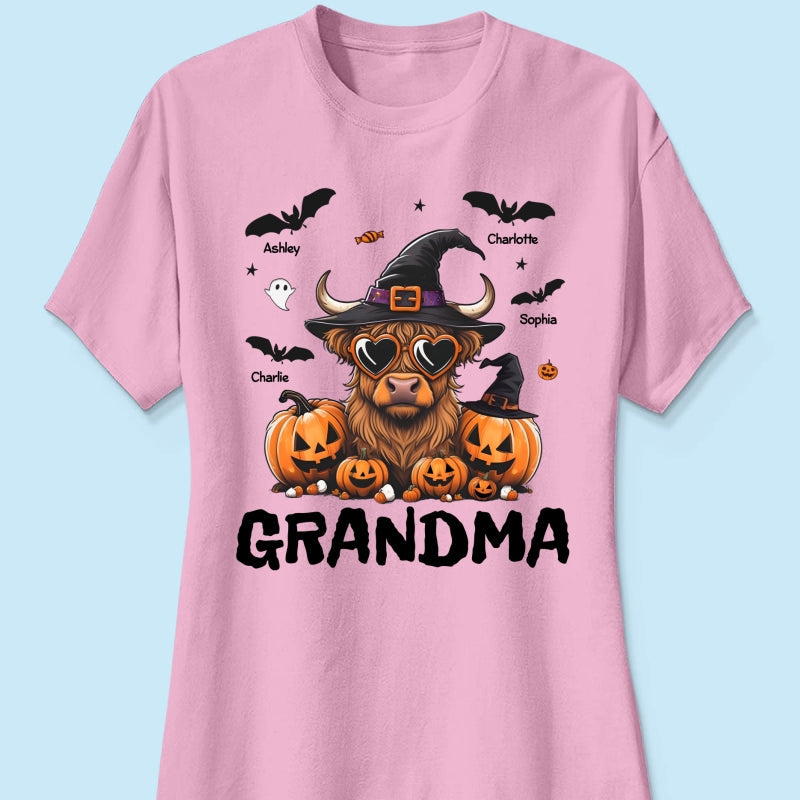 Grandma Halloween Highland Cow & Bats Kids Personalized Shirt, Gift For Grandma