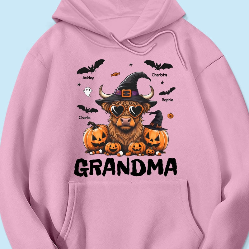 Grandma Halloween Highland Cow & Bats Kids Personalized Shirt, Gift For Grandma