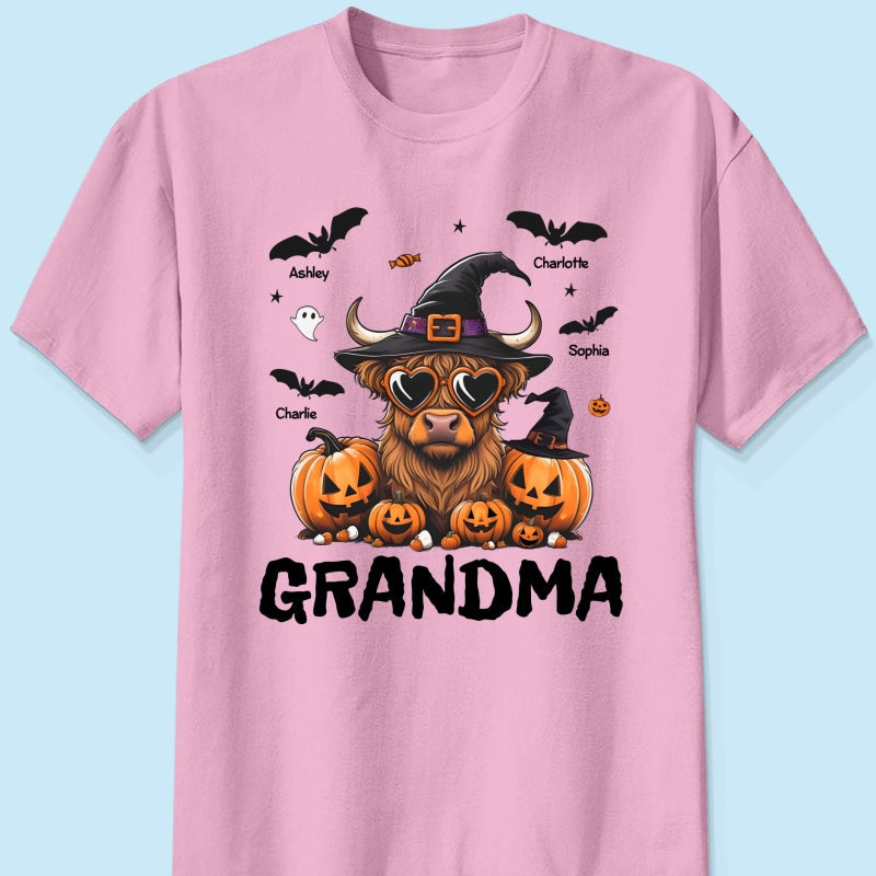 Grandma Halloween Highland Cow & Bats Kids Personalized Shirt, Gift For Grandma