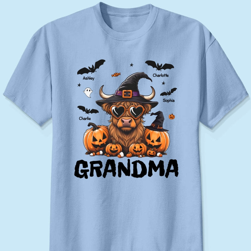 Grandma Halloween Highland Cow & Bats Kids Personalized Shirt, Gift For Grandma