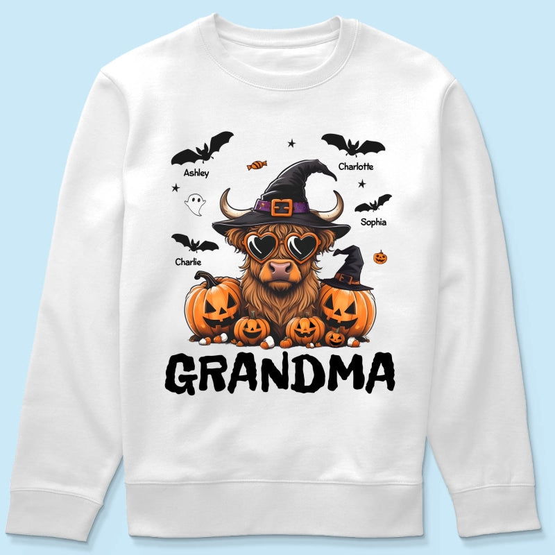 Grandma Halloween Highland Cow & Bats Kids Personalized Shirt, Gift For Grandma