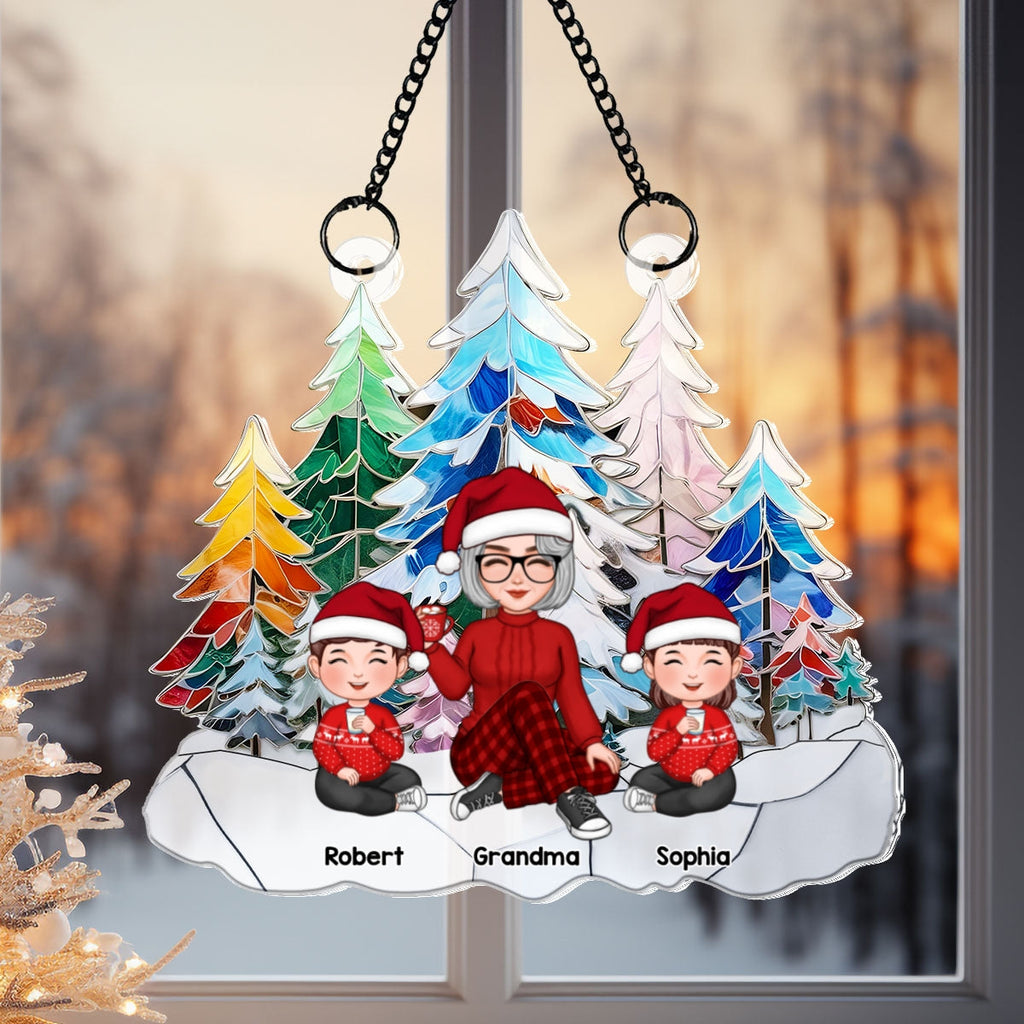 Grandma Grandkids Colorful Christmas Tree Stained Glass Personalized Suncatcher
