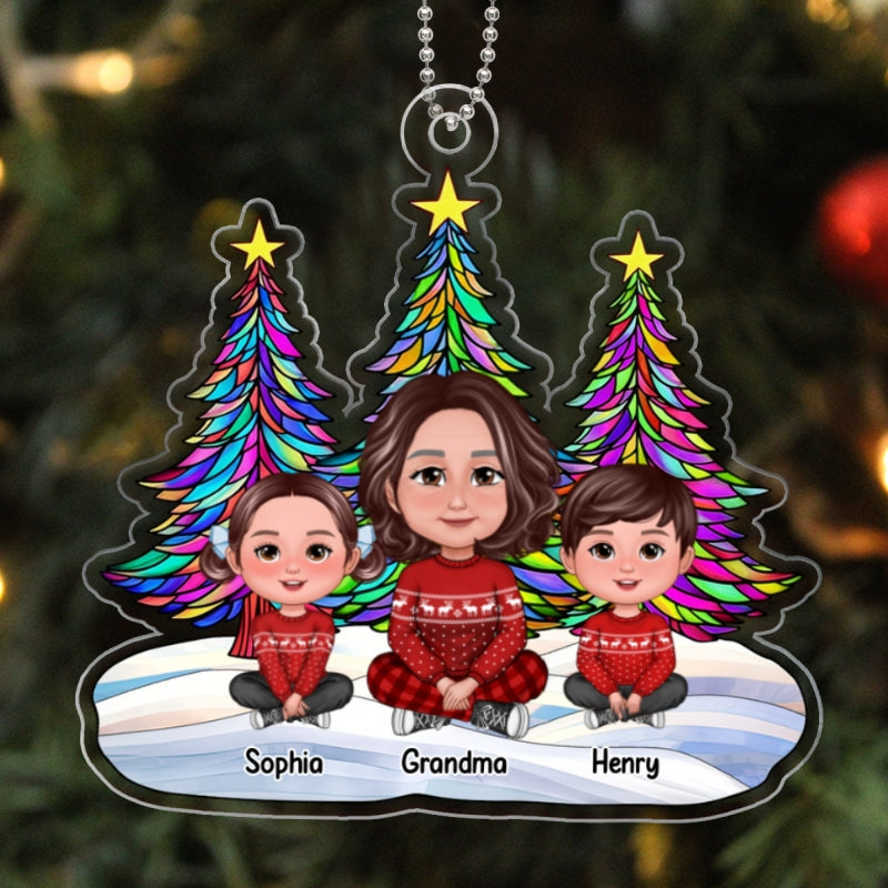 Grandma Grankids Crossed Legs Stained Glass Christmas Tree Personalized Acrylic Ornament