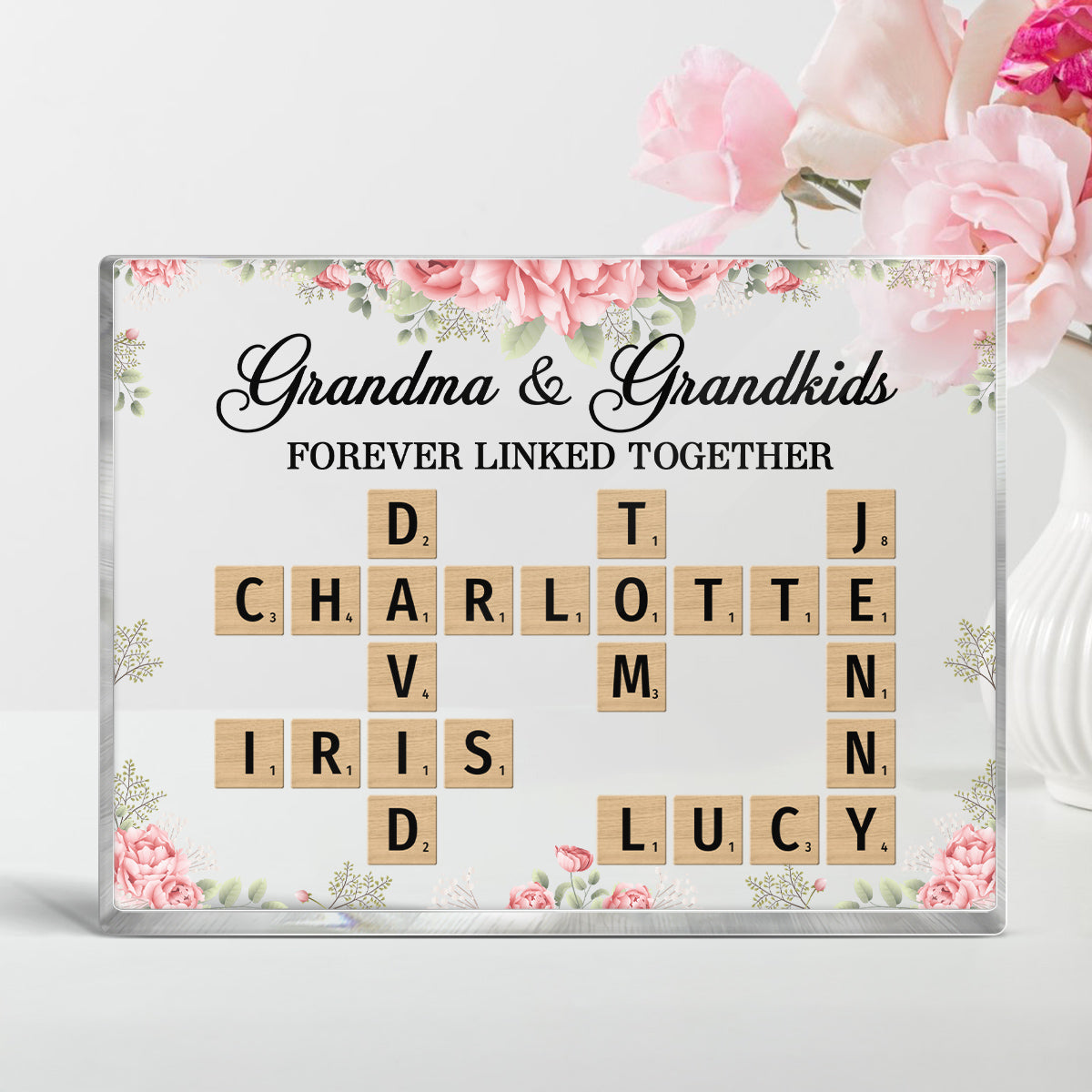 Grandma Grandpa Grandparents & Grandkids Forever Linked Together Crossword Puzzle Personalized Rectangle Acrylic Block