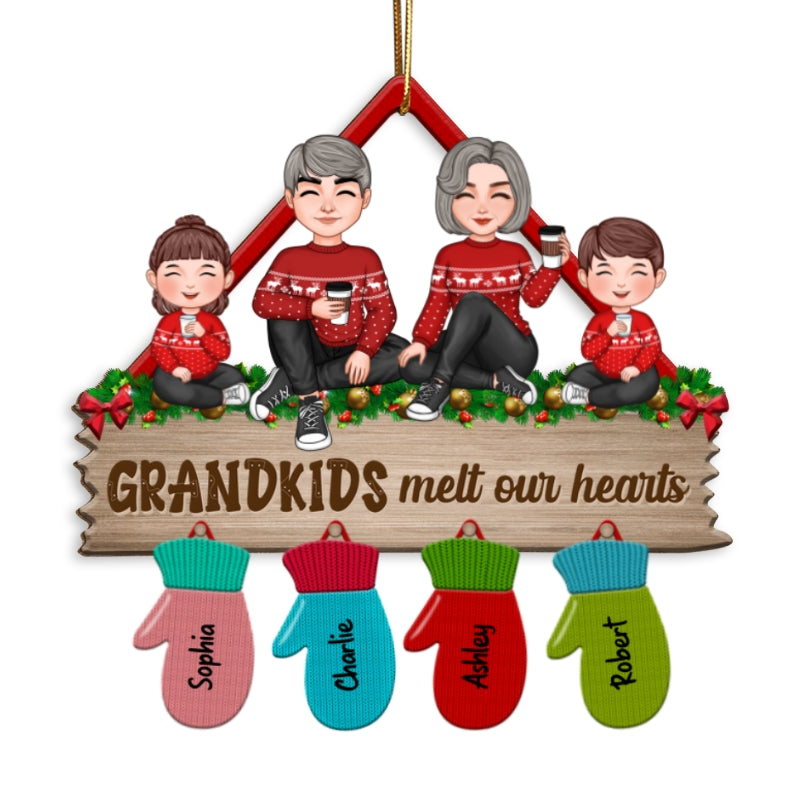 Grandma Grandpa Grandkids Sitting Christmas Glove Personalized Wooden Ornament